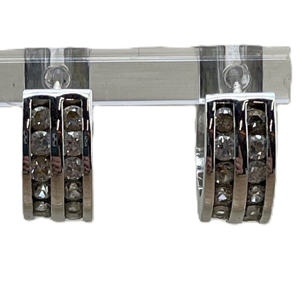 Women's Silver Tone and Glass Crystal Hoop Earrings Stone Row Ellipse Model
